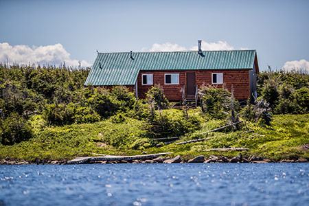A red-brown lodge with a green metal roof sits among shrubs above a lake shore under a blue sky.